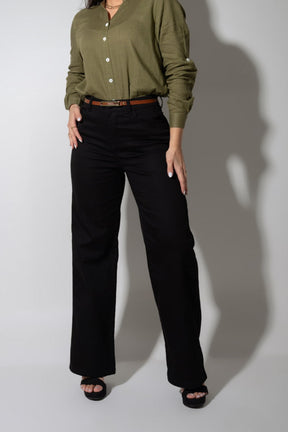 Calça Modeladora Wide Leg Preta Que Não Desbota Com Cinto JEB113